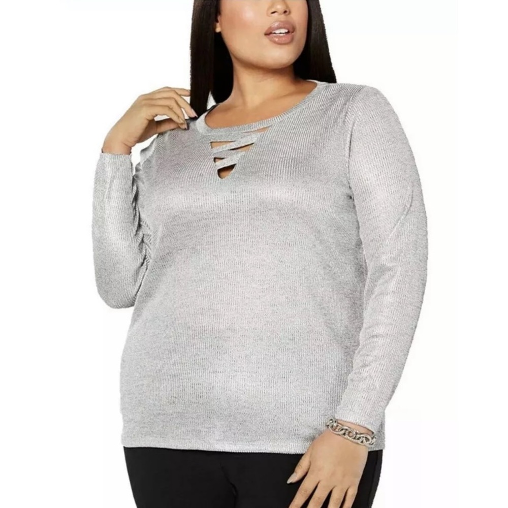 INC Blouse Knit Shimmer Metallic Criss-Cross